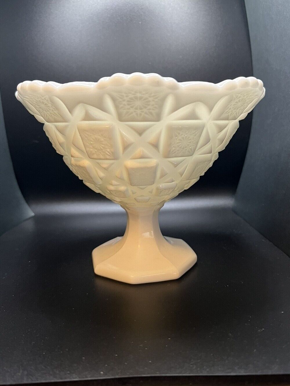Vintage Westmoreland Old Quilt Milk Glass 7" Footed Compote Pedestal Bowl